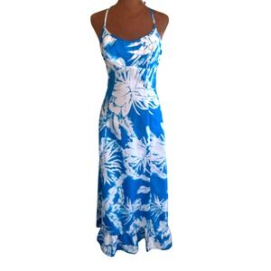 Vintage 70s Sun Fashions of Hawaii Blue Floral Halter Maxi‎ Dress Ruffle Sz 4–6